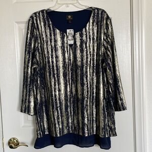 New! JM Collection Metallic O-Ring Keyhole Top, Holiday Top, Blue and Gold, XXL